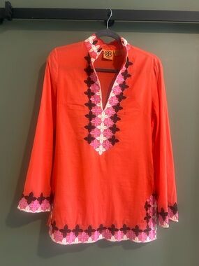 Tory Burch Bright Coral Embroidered V-Neck Tunic